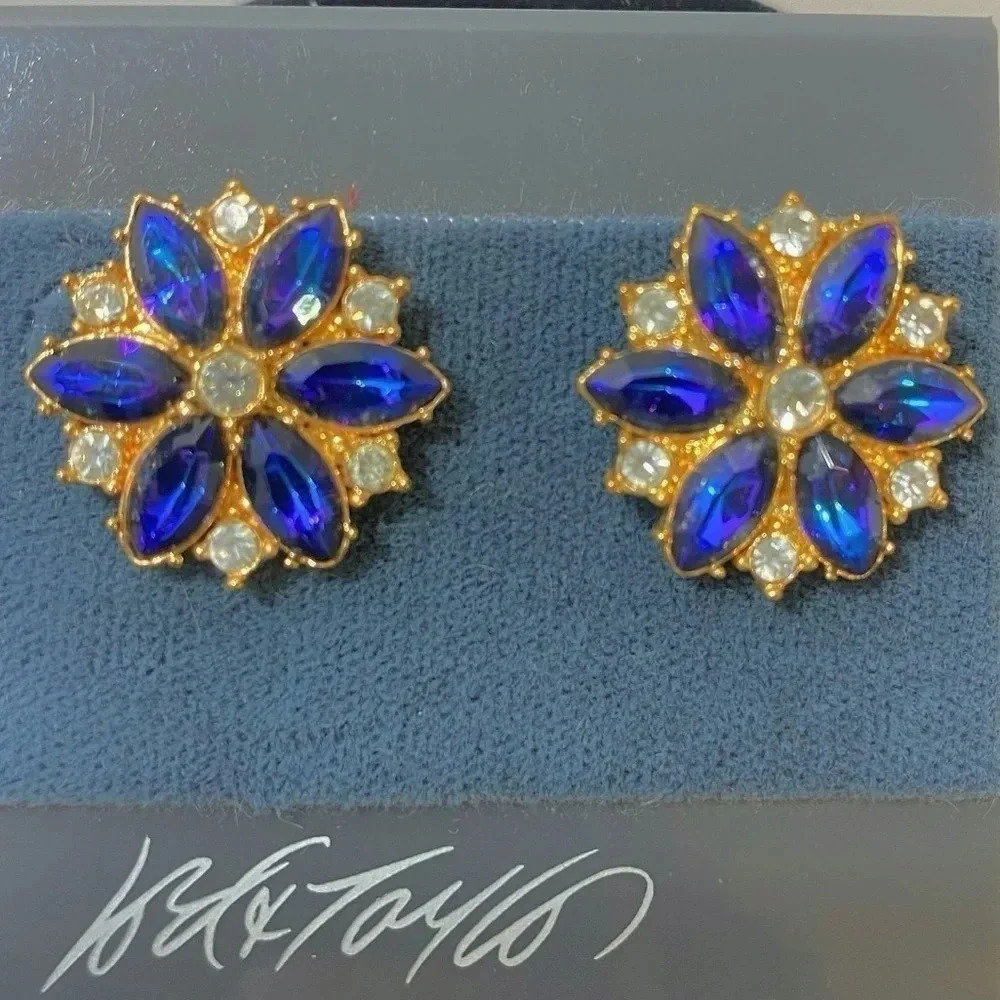 Gorgeous Vintage Lord & Taylor Blue Glass & Rhinestone Post Earrings